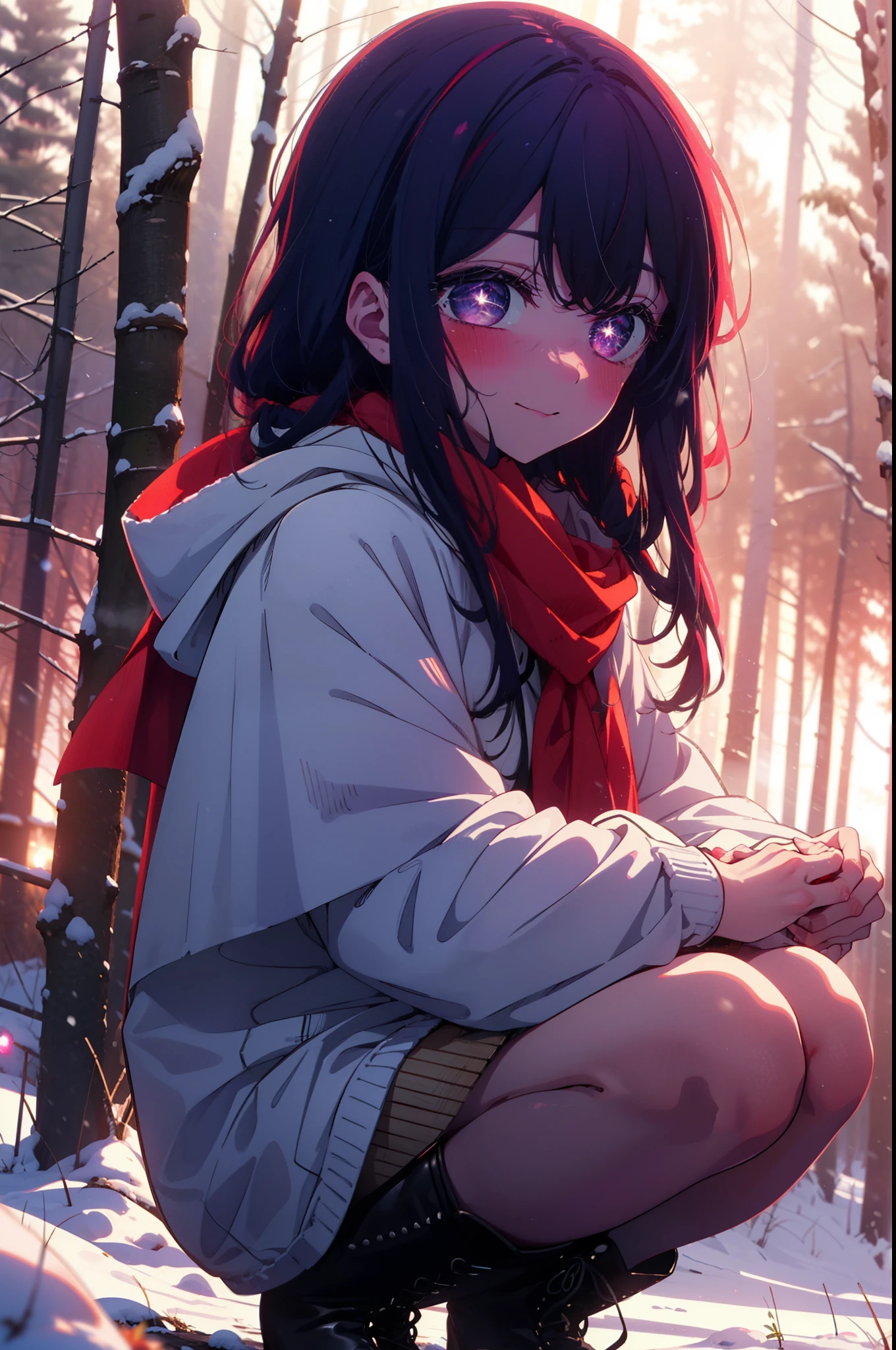 aihoshino, Ai Hoshino, Long Hair, bangs, (Purple eyes:1.1), Purple Hair, (Symbol-shaped pupil:1.5), smile,,smile,blush,White Breath,
Open your mouth,snow,Ground bonfire, Outdoor, boots, snowing, From the side, wood, suitcase, Cape, Blurred, , forest, White handbag, nature, Squat, Mouth closed, Cape, winter, Written boundary depth, Black shoes, red Cape break looking at viewer, Upper Body, whole body, break Outdoor, forest, nature, break (masterpiece:1.2), Highest quality, High resolution, unity 8k wallpaper, (shape:0.8), (Beautiful and beautiful eyes:1.6), Highly detailed face, Perfect lighting, Highly detailed CG, (Perfect hands, Perfect Anatomy),