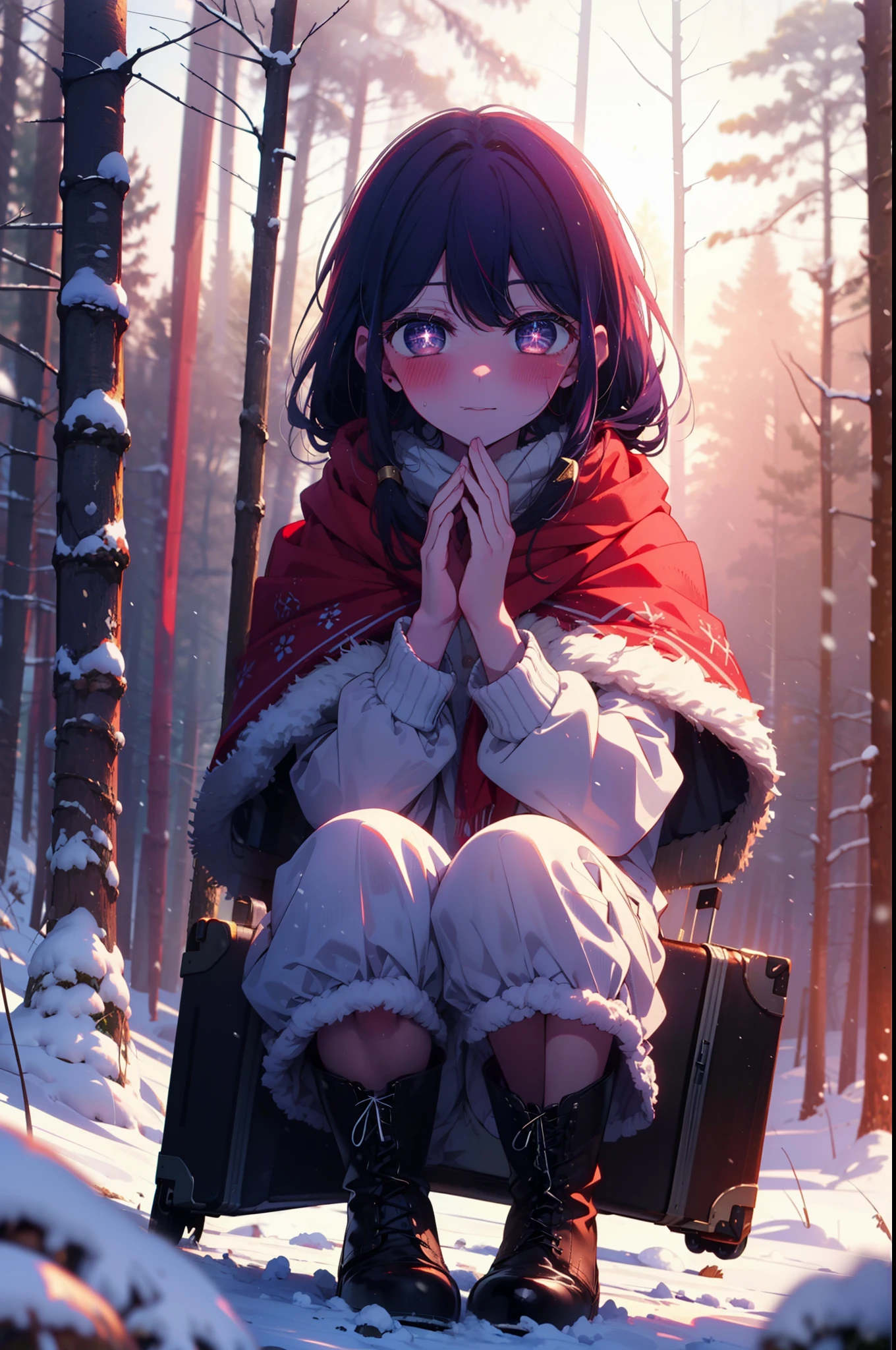 aihoshino, Ai Hoshino, Long Hair, bangs, (Purple eyes:1.1), Purple Hair, (Symbol-shaped pupil:1.5), smile,,smile,blush,White Breath,
Open your mouth,snow,Ground bonfire, Outdoor, boots, snowing, From the side, wood, suitcase, Cape, Blurred, , forest, White handbag, nature, Squat, Mouth closed, Cape, winter, Written boundary depth, Black shoes, red Cape break looking at viewer, Upper Body, whole body, break Outdoor, forest, nature, break (masterpiece:1.2), Highest quality, High resolution, unity 8k wallpaper, (shape:0.8), (Beautiful and beautiful eyes:1.6), Highly detailed face, Perfect lighting, Highly detailed CG, (Perfect hands, Perfect Anatomy),