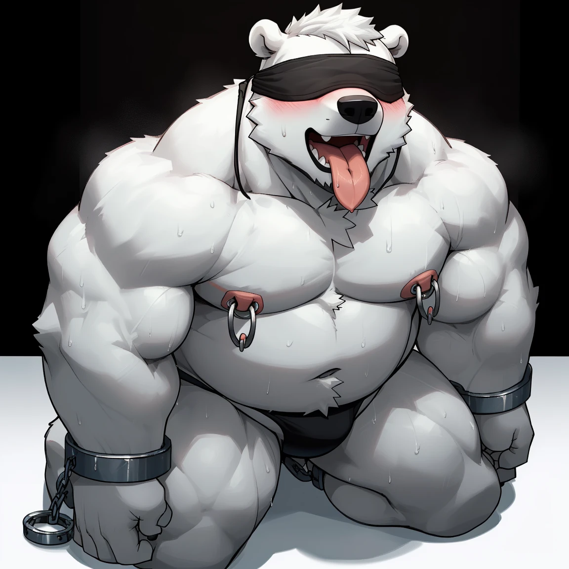 masterpiece, best quality, 8k resolution, Very detailed, hairy,(((polar bear)),(((Mature))),(((beard))),(((fat))),(((White hair all over body))),(((portrait))),(((White hair))),(((Dark room))),For the audience,(((Shirtless))),(((Nipple Rings))),(((Blushing))),Highest quality scene,(((Hip bulge))).(((whole body))),((( Blindfolded))),(((Kneeling))),(((Fat-enclosed muscle))),(((Round face))),(((alone))),(((Strong body))),(((Open your mouth and stick your tongue out))),(((Shameful))),((sweaty)),(((Thong))),((Handcuffs)),((Leg shackles)),(((shackles)))