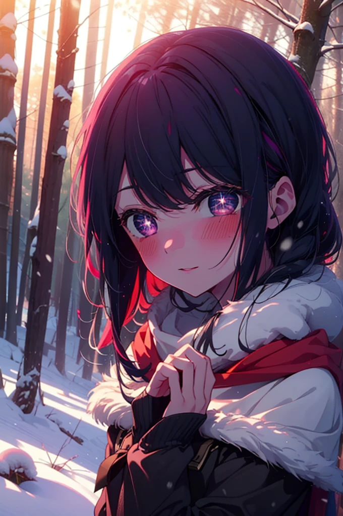 aihoshino, Ai Hoshino, Long Hair, bangs, (Purple eyes:1.1), Purple Hair, (Symbol-shaped pupil:1.5), smile,,smile,blush,White Breath,
Open your mouth,snow,Ground bonfire, Outdoor, boots, snowing, From the side, wood, suitcase, Cape, Blurred, , forest, White handbag, nature, Squat, Mouth closed, Cape, winter, Written boundary depth, Black shoes, red Cape break looking at viewer, Upper Body, whole body, break Outdoor, forest, nature, break (masterpiece:1.2), Highest quality, High resolution, unity 8k wallpaper, (shape:0.8), (Beautiful and beautiful eyes:1.6), Highly detailed face, Perfect lighting, Highly detailed CG, (Perfect hands, Perfect Anatomy),