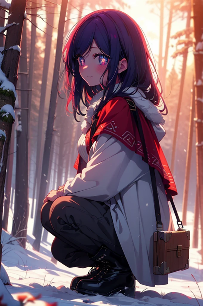 aihoshino, Ai Hoshino, Long Hair, bangs, (Purple eyes:1.1), Purple Hair, (Symbol-shaped pupil:1.5), smile,,smile,blush,White Breath,
Open your mouth,snow,Ground bonfire, Outdoor, boots, snowing, From the side, wood, suitcase, Cape, Blurred, , forest, White handbag, nature, Squat, Mouth closed, Cape, winter, Written boundary depth, Black shoes, red Cape break looking at viewer, Upper Body, whole body, break Outdoor, forest, nature, break (masterpiece:1.2), Highest quality, High resolution, unity 8k wallpaper, (shape:0.8), (Beautiful and beautiful eyes:1.6), Highly detailed face, Perfect lighting, Highly detailed CG, (Perfect hands, Perfect Anatomy),