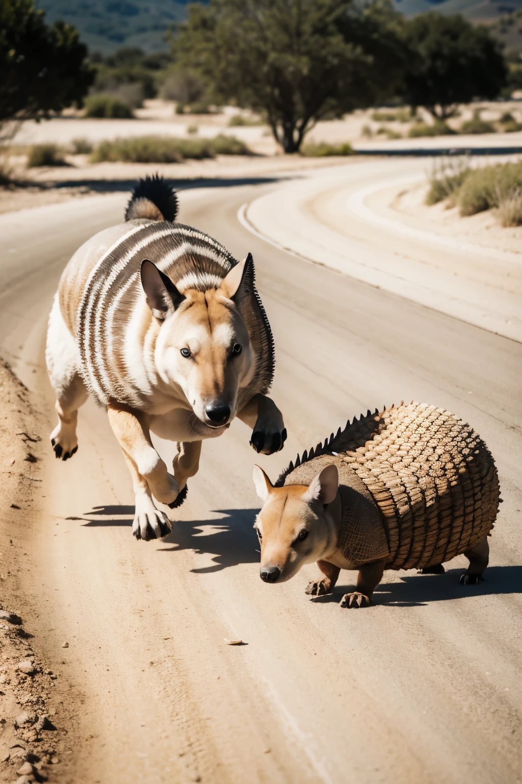 Dog running after wild animal armadillo