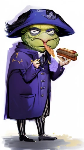 I want a character on a white background, png, de corpo todo, who is a baron, He wears formal clothes with gold ornaments, but his appearance is demonic., lizard features on your face, and the weight is fat, because he has an easy life, and he has a glass of wine in his hand, the character is imposing and tall, just a glass in hand, and whole body, he wears white shoes.