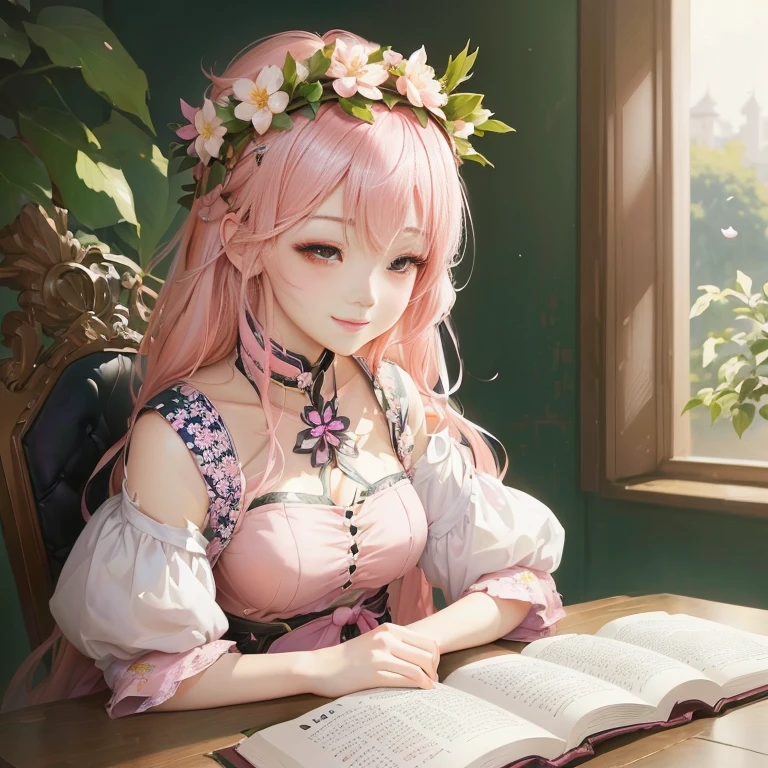 anime girl with pink hair and flower crown sitting at a table reading a book, guweiz on pixiv artstation, guweiz, guweiz on artstation pixiv, artwork in the style of guweiz, beautiful anime portrait, best anime 4k konachan wallpaper, serene smile, anime visual of a cute girl, kawaii realistic portrait