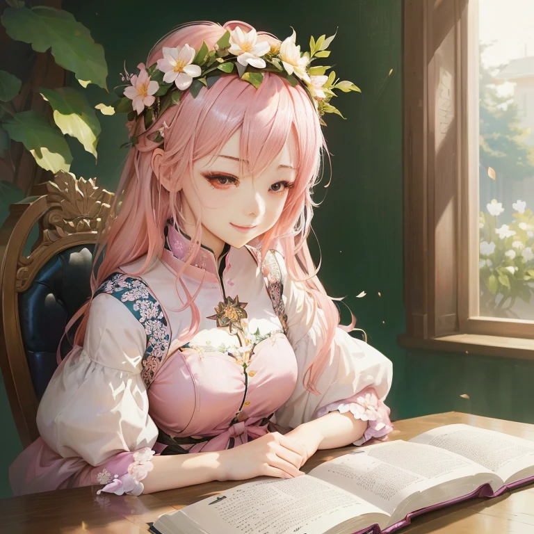 anime girl with pink hair and flower crown sitting at a table reading a book, guweiz on pixiv artstation, guweiz, guweiz on artstation pixiv, artwork in the style of guweiz, beautiful anime portrait, best anime 4k konachan wallpaper, serene smile, anime visual of a cute girl, kawaii realistic portrait