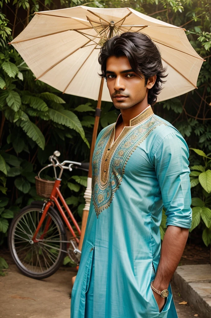 beautiful photo shoot idea for an Indian young man with a clean face and thin body shape could involve choosing a serene outdoor location, such as a lush green park or a picturesque riverside. Dress the model in traditional Indian attire, like a kurta and dhoti or a modern kurta with jeans, to highlight cultural elegance. Incorporate a mix of candid and posed shots, focusing on natural expressions and relaxed postures to showcase his clean-cut features and thin body shape. Use simple props like a traditional Indian umbrella, a book, or a bicycle to add depth and interest to the shots. Utilize soft, natural lighting during the golden hour to enhance the warmth and vibrancy of the photos, and experiment with different angles to capture the sharpness of his facial features.