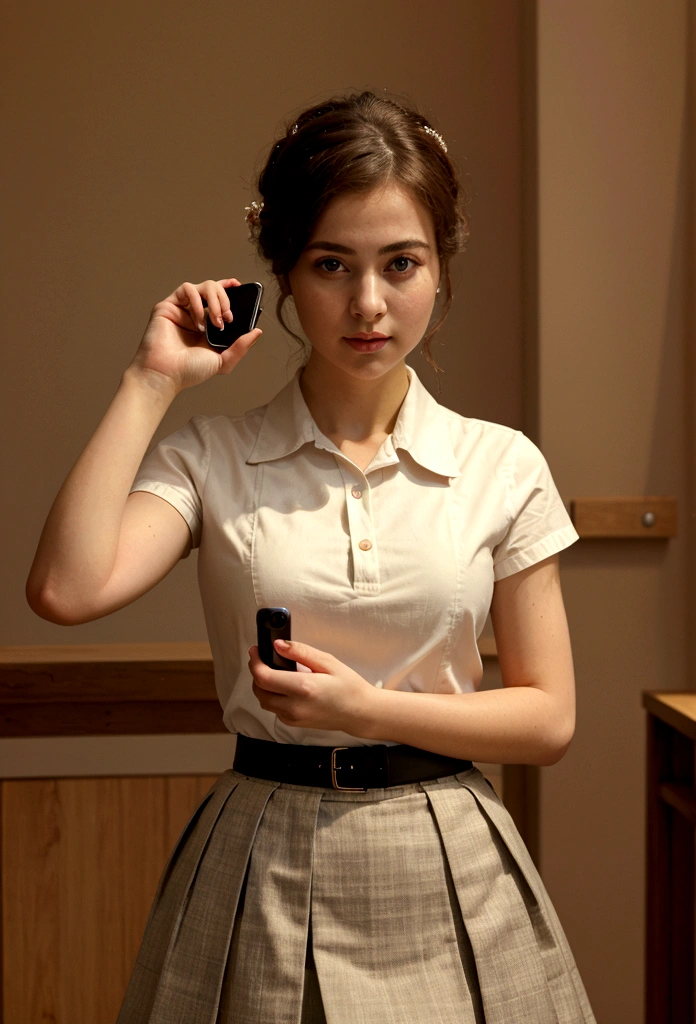 ((Highest quality)), ((masterpiece)), (detailed), lady,hold iPhone,wearing a skirt,