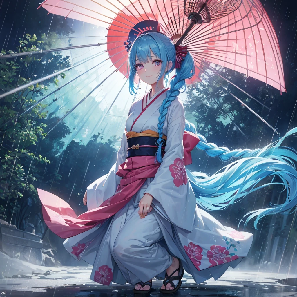 sky Blue hair, (braided ponytail),(pink eyes),fair skin ,(full body),(1 girl),smile,Straight Bangs,(masterpiece, best quality, ultra-detailed, best shadow), (detailed background), (beautiful detailed face), high contrast, (best illumination, an extremely delicate and beautiful), ((cinematic light)), colorful, hyper detail, dramatic light, intricate details,(rain shower),kyoto,big Japanese Umbrella,kimono,