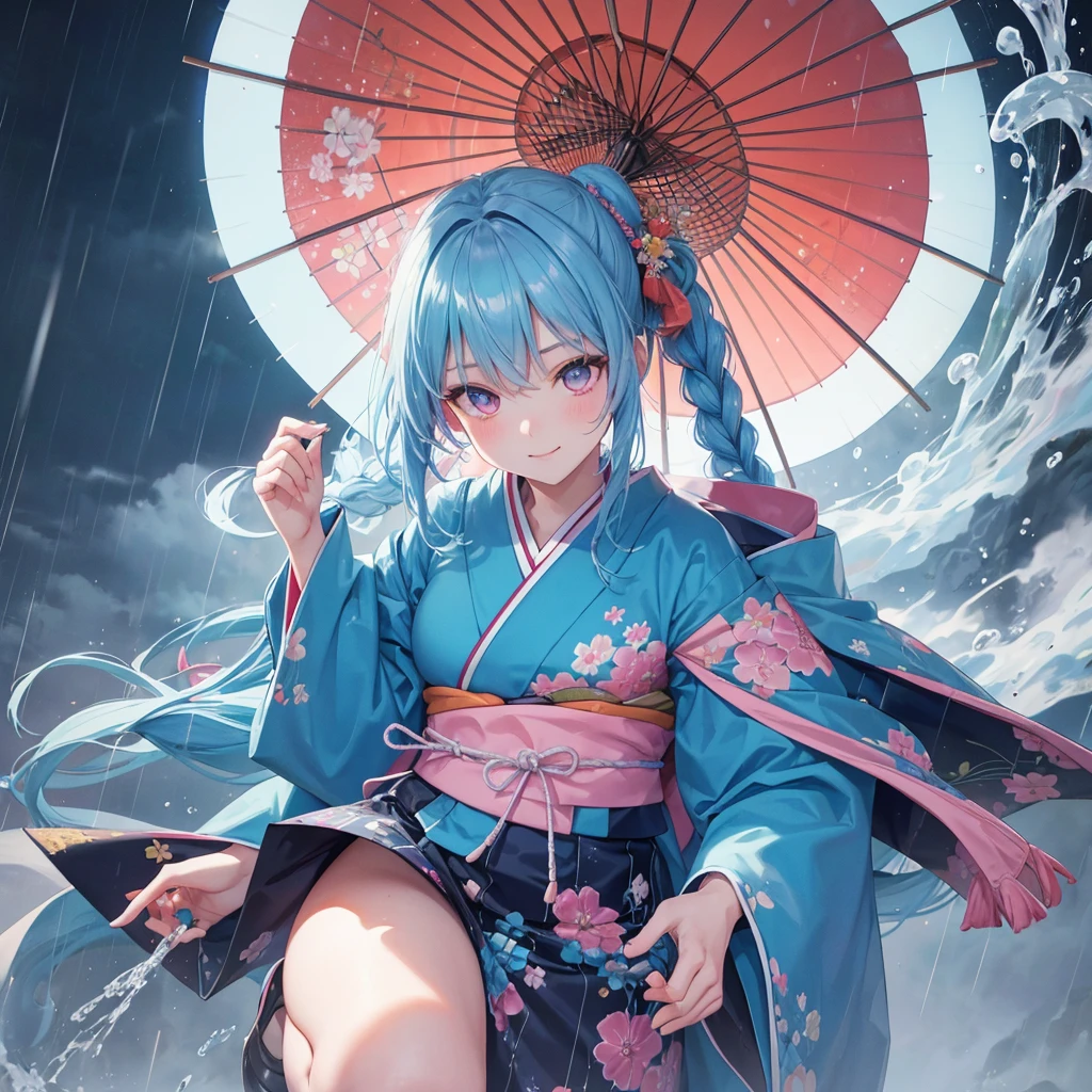 sky Blue hair, (braided ponytail),(pink eyes),fair skin ,(full body),(1 girl),smile,Straight Bangs,(masterpiece, best quality, ultra-detailed, best shadow), (detailed background), (beautiful detailed face), high contrast, (best illumination, an extremely delicate and beautiful), ((cinematic light)), colorful, hyper detail, dramatic light, intricate details,(rain shower),kyoto,big Japanese Umbrella,kimono,