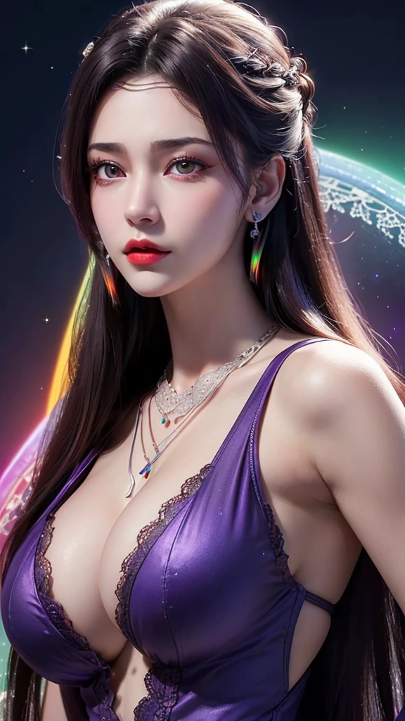 A beautiful and sexy 20 year old girl, wearing a super thin red dress, ((long hair dyed rainbow colors:1.6)), bangs, the most detailed jewelry and beautiful hair, ((wears purple lace necklace:1.6) )), Super cute small face, very pretty face, thin eyebrows, flawless beautiful face, ((black eye pupil: 0.8)), very beautiful eyes, ((red eyes pale:1.5)), beautiful makeup and detailed eyelashes, steamy eye makeup, high nose, earrings, red lips, ((closed mouth:1;5 )) beautiful lips, slim hands, most beautiful thighs, ((arms spread out to the sides: 1.5)), rosy face, clean face, flawless beautiful face, smooth white skin, (big breasts: 1.5)), ((high breasts: 1.6)), Breasts plump, beautiful cleavage, ((big and super round breasts: 1.8))), ((super tight breasts: 1.5)), beautiful breasts, back arms, beautiful girl's upper body, 8k photo, quality super high, hyper realistic, 10x super pixel, photorealistic, dark studio, light edges, two-tone bright, (high detail skin:1.2), super 8k, soft light, high quality, lighting volumetric, realistic, Photo, high resolution, light, best photo, 4k, 8k quality, blur effect, Smooth and sharp, 10 x pixels, (galaxy: 1.7), aurora, lightning, surreal graphics, most realistic graphics, alone, solo, Extremely sharp, surreal images, (((frontal portrait:1.3)))."