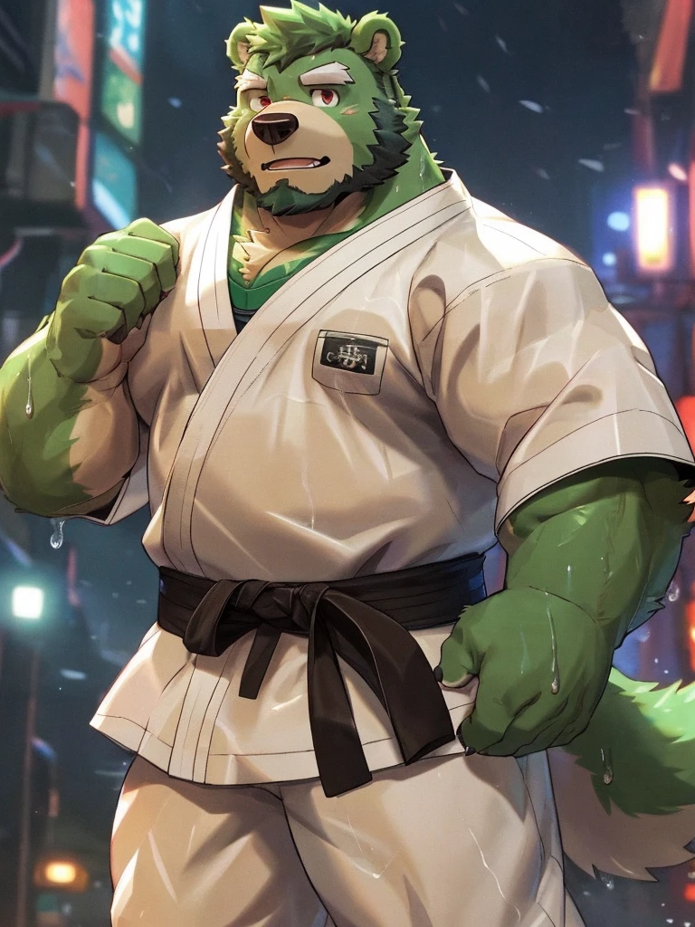 bara, furry, furry_male,male focus, solo, muscular male, (((green bear))), (((green fur))), green hair, red eyes, beard, white eyebrows, 1boy, solo, muscular old man (furry bear), huge muscular, short hair, wearing karate uniform, (cinematic rain vfx background), dark background, wet