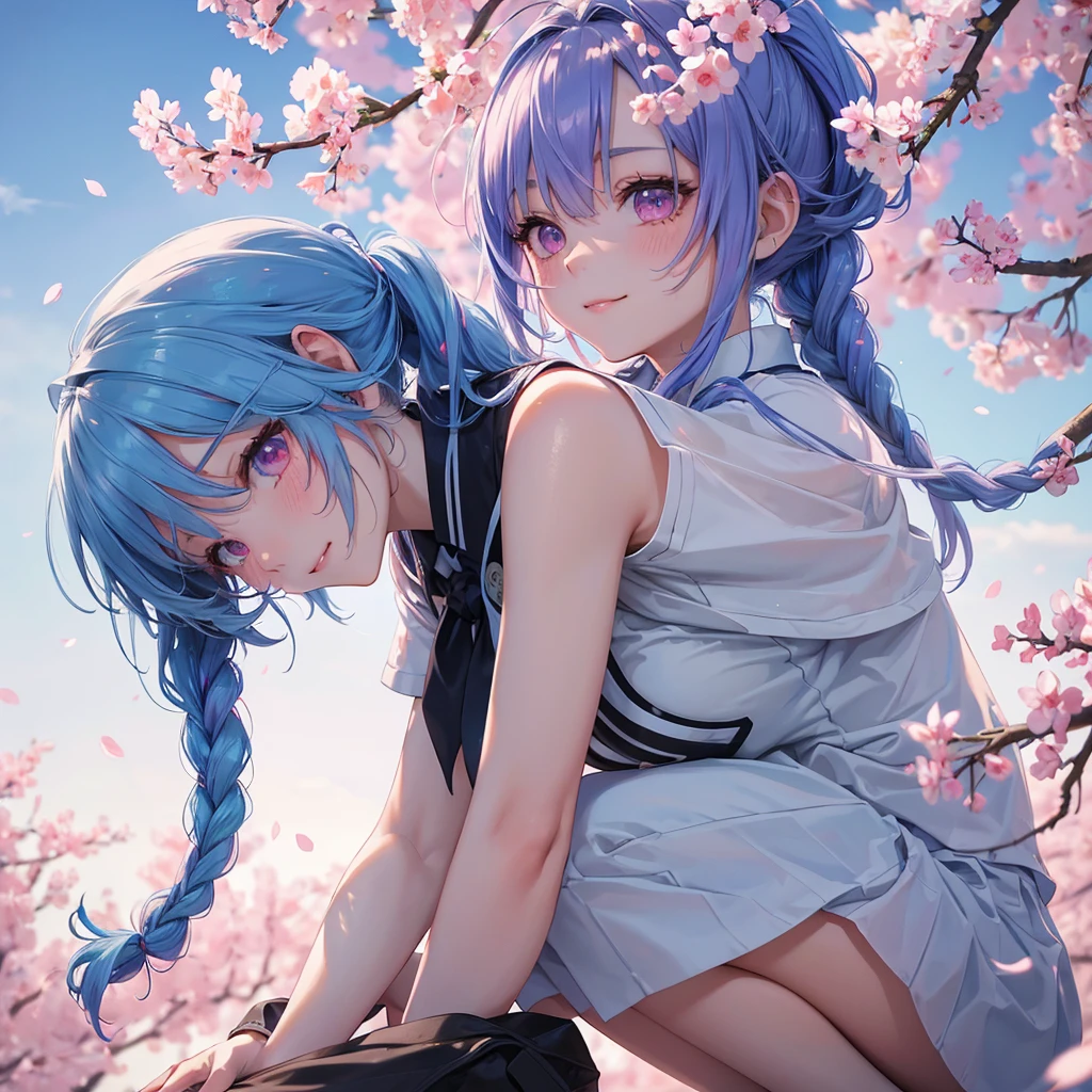 Sky blue hair, (Braided Ponytail),(Pink Eyes),Fair skin ,whole body,(1 Girl),Smile,spring, cherry blossoms, Knee-high socks for school, blazer, Straight bangs,(masterpiece, Highest quality, Super detailed, Best Shadow), (Detailed Background), (Beautifully detailed face), High Contrast, (Best lighting, Very delicate and beautiful), ((Cinematic Light)), colorful, Hyper Detail, Dramatic Light, Intricate details,sunshine,Leaning forward,