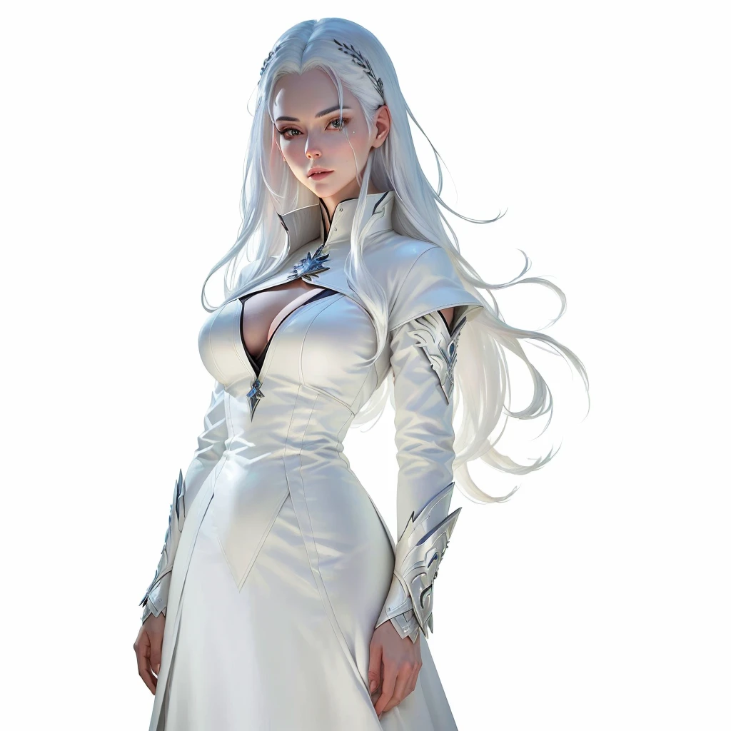 there is a woman in a white dress standing in a room, supermodel in silent hill, tifa lockhart with white hair, succubus in tight short dress, succubus in sundress portrait, cinematic goddess close shot, cinematic goddess body shot, glamorous tifa lockheart, sinister pose, white dress!! of silver hair, nier, gothic 2, lilith