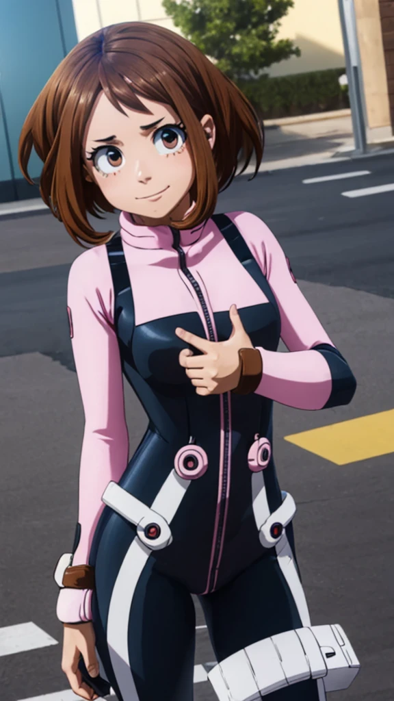 ochakouraraka, ochako uraraka, (uraraka ochako:1.5), (brown eyes:1.5), brown hair, short hair, blush, blush stickers, smile,
BREAK (bodysuit:1.5), skin tight, superhero,
BREAK outdoors, city,
BREAK looking at viewer, standing, idle, hand on hip
BREAK (masterpiece:1.2), best quality, high resolution, unity 8k wallpaper, (illustration:0.8), (beautiful detailed eyes:1.6), extremely detailed face, perfect lighting, extremely detailed CG, (perfect hands, perfect anatomy),