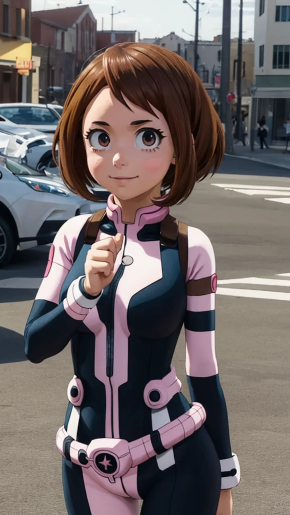 ochakouraraka, ochako uraraka, (uraraka ochako:1.5), (brown eyes:1.5), brown hair, short hair, blush, blush stickers, smile,
BREAK (bodysuit:1.5), skin tight, superhero,
BREAK outdoors, city,
BREAK looking at viewer, standing, idle, hand on hip
BREAK (masterpiece:1.2), best quality, high resolution, unity 8k wallpaper, (illustration:0.8), (beautiful detailed eyes:1.6), extremely detailed face, perfect lighting, extremely detailed CG, (perfect hands, perfect anatomy),
