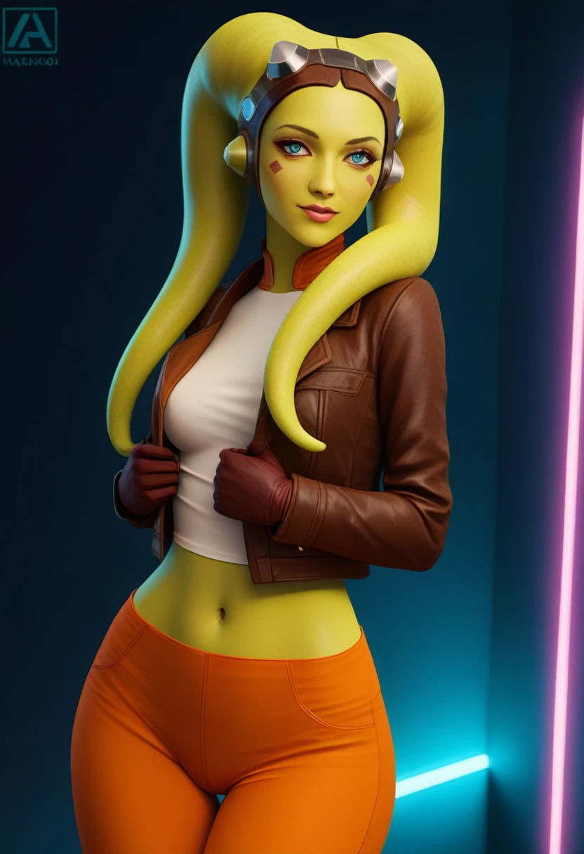 score_9_up, score_8_up, score_7_up, 1girl, solo, mature female, ((Hera)),(( twi’lek race))((green skin color)), long horns, blue eyes, pink lips, parted lips, fit slim body, ((perfect medium erected breast)), (((brown jacket, white tight top, orange  pants))), (((Cyberpunk interior, living room, with neon lights))), perfect model body, wide hips, pumped up ass, seductive pose