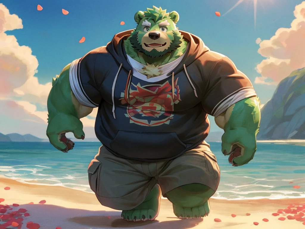 bara, furry, furry_male,male focus, solo, muscular male,  (((green bear))), (((green fur))), green hair, red eyes, beard, white eyebrows,(masterpiece:1.2), best quality,pixiv,official art,(Ray tracing, light), (flower petal in the sky :1.3), (1_male:1.3), (solo:1.2) , portrait , (muscle), (muscle bear), (bear tail), (beard:1.2), (gleaming eyes), Thick eyebrows, open hoodie, naked inside, cargo shorts , Salar de Uyuni ,reflection, looking at viewer, full body ,beach , sea , sunny