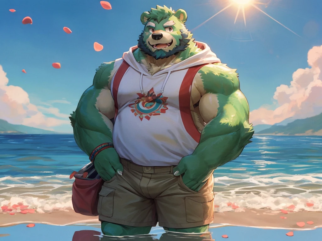 bara, furry, furry_male,male focus, solo, muscular male, (((green bear))), (((green fur))), green hair, red eyes, beard, white eyebrows,(masterpiece:1.2), best quality,pixiv,official art,(Ray tracing, light), (flower petal in the sky :1.3), (1_male:1.3), (solo:1.2) , portrait , (muscle), (muscle bear), (bear tail), (beard:1.2), (gleaming eyes), Thick eyebrows, open hoodie, naked inside, cargo shorts , Salar de Uyuni ,reflection, looking at viewer, full body ,beach , sea , sunny