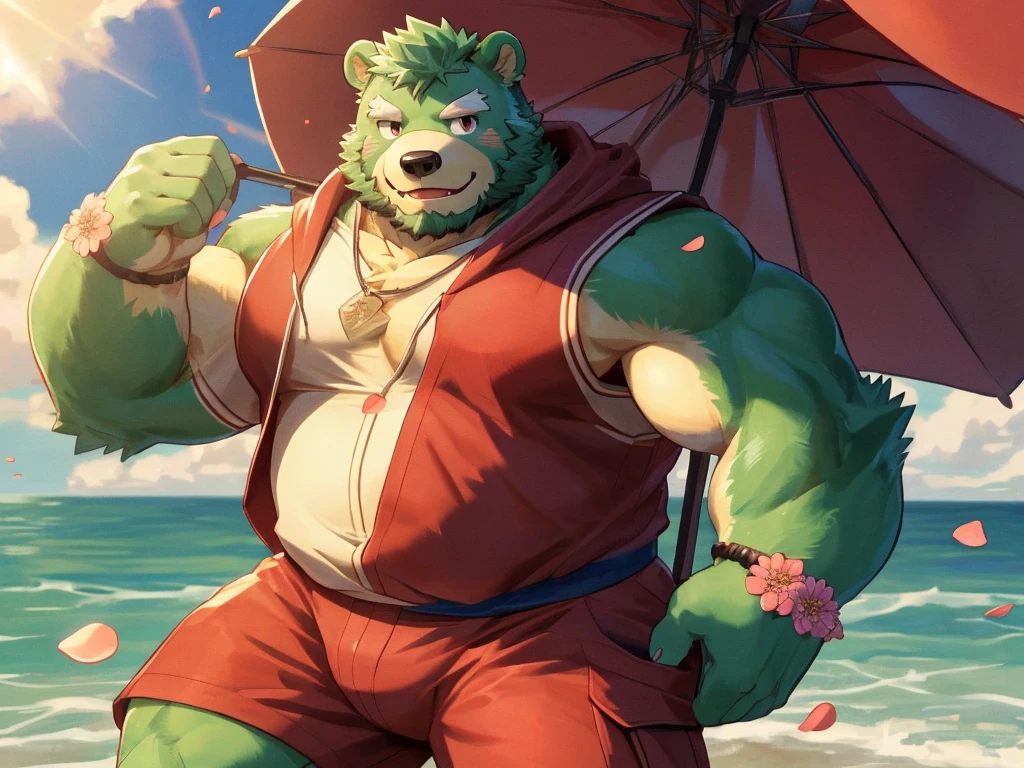 bara, furry, furry_male,male focus, solo, muscular male, (((green bear))), (((green fur))), green hair, red eyes, beard, white eyebrows,(masterpiece:1.2), best quality,pixiv,official art,(Ray tracing, light), (flower petal in the sky :1.3), (1_male:1.3), (solo:1.2) , portrait , (muscle), (muscle bear), (bear tail), (beard:1.2), (gleaming eyes), Thick eyebrows, open hoodie, inside, cargo shorts , Salar de Uyuni ,reflection, looking at viewer, full body ,beach , sea , sunny