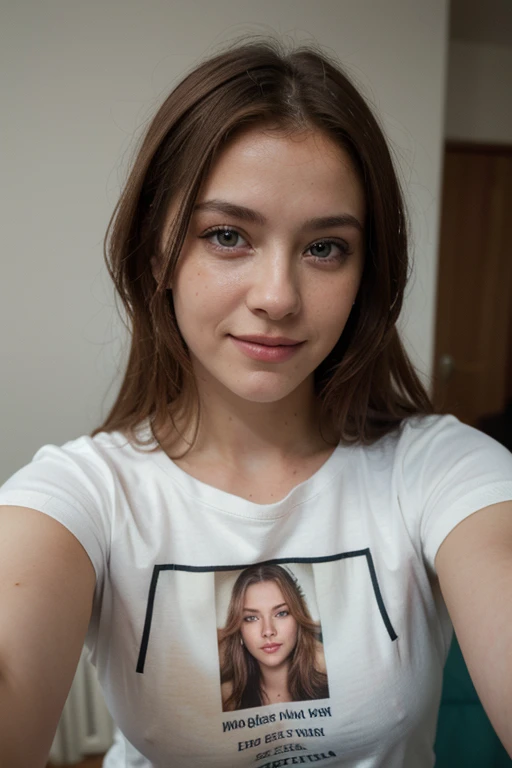 ((best quality)), ((masterpiece)), (detailed), 1girl, 8K, Best Quality, Masterpiece, Ultra High Resolution, (Realism: 1.4), Original Photo, (Realistic Skin Texture: 1.3), (Film Grain: 1.3), (Selfie Angle) 1 Girl, Beautiful Eyes and Face Details, Masterpiece, Best Quality, Close-up, Upper Body, Looking at the Viewer, russian women, ginger hair, cute smile, wearing t-shirt