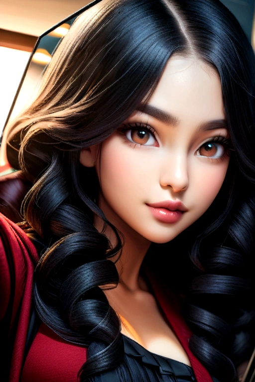 darkkin ebony 1girl, selfie photo hyper realistic curly long black hair mirror photos 8k ultra hd