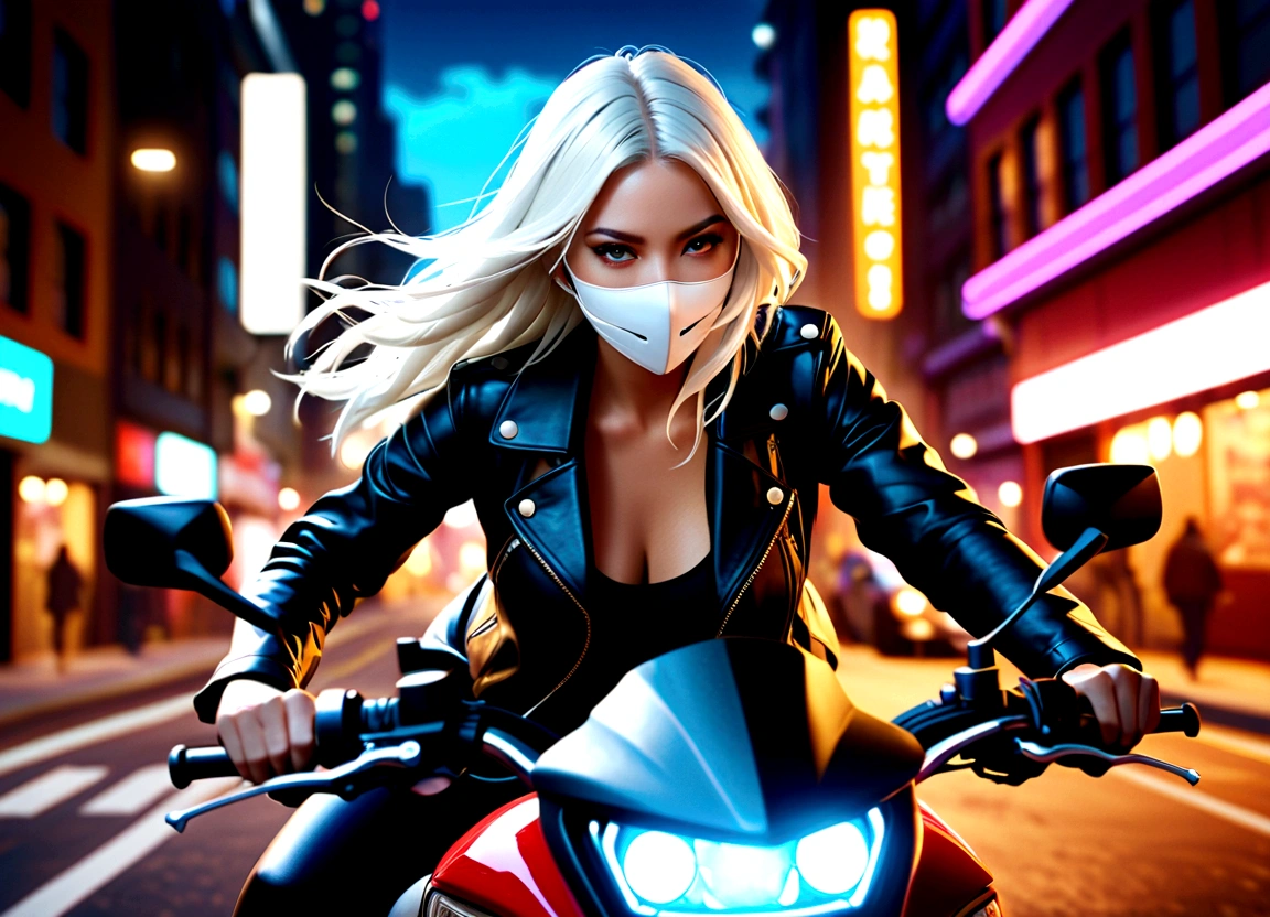 A beautiful woman with long white hair wearing a white mask, riding a motorcycle, detailed face, cinematic lighting, highly detailed, photorealistic, 8k, hyper detailed, realistic, sharp focus, studio lighting, leather jacket, dramatic angles, motion blur, cinematic composition, vibrant colors, dramatic lighting, Night view，Bright colors，Electric Spark，Dystopian Cityscape，Mixed reality。