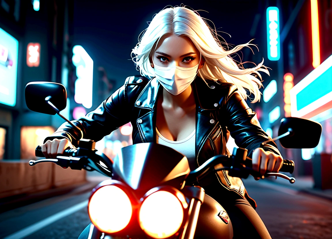A beautiful woman with long white hair wearing a white mask, riding a motorcycle, detailed face, cinematic lighting, highly detailed, photorealistic, 8k, hyper detailed, realistic, sharp focus, studio lighting, leather jacket, dramatic angles, motion blur, cinematic composition, vibrant colors, dramatic lighting, Night view,Bright colors,Electric Spark,Dystopian Cityscape,Mixed reality。