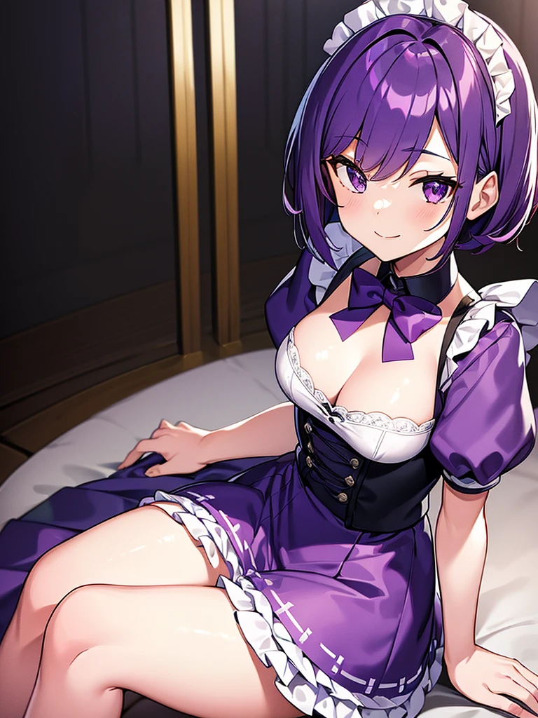 1girl, short purple hair, purple eyes, light smile, wearing maid costume, close portrait, sitting, close, high res, ultrasharp, 8K, masterpiece, looking at viewer