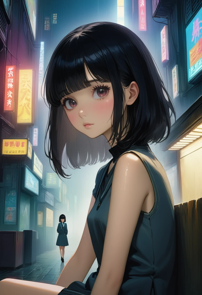 (((masterpiece))),Highest quality,Perfect Anatomy,best illustration,cowboy shot,1woman、30 year old beauty、独奏,((very small head:1.5)),black hair,long hair,bangs,black eyes,gorgeous eyes,blush,sad,tears,medium breasts,((very long body:1.3)),(toned body,slender body,skinny),gleaming skin,shiny skin,oily skin,sweat,(school uniform)、sitting,Simple bedroom、World of Blade Runner