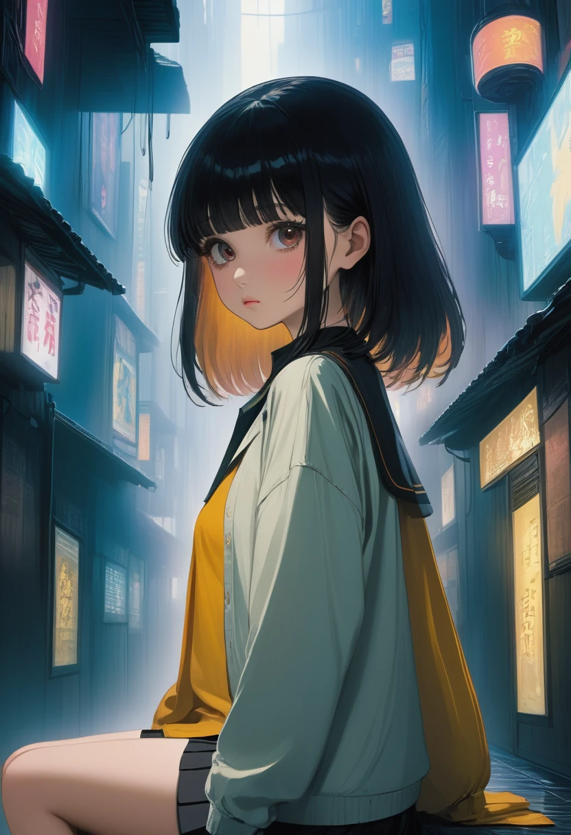 (((masterpiece))),Highest quality,Perfect Anatomy,best illustration,cowboy shot,1woman、30 year old beauty、独奏,((very small head:1.5)),black hair,long hair,bangs,black eyes,gorgeous eyes,blush,sad,tears,medium breasts,((very long body:1.3)),(toned body,slender body,skinny),gleaming skin,shiny skin,oily skin,sweat,(school uniform)、sitting,Simple bedroom、World of Blade Runner