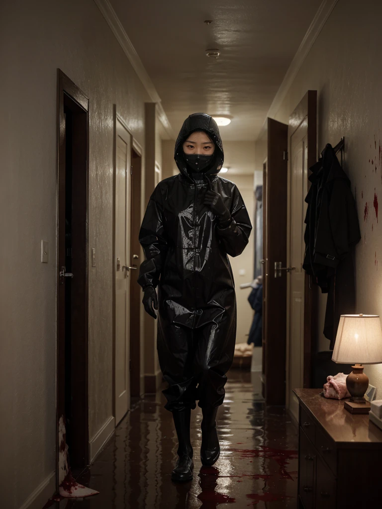 korean girl, (behind corpse, surgical mask), multiple girls, holding knife, stabbing, black raincoat, black gloves, hood up, room full of blood, black wet suit, holding knife, black gloves, behind corpse, blood splatter, short hair, night, mass murderer, robbery, in the house,
