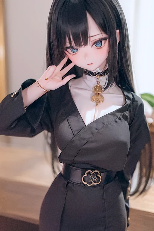 (SFW:2), photorealistic, realistic photo, ((highest quality)), ((masterpiece)), ((extremely detailed)), kukolnydom, doll, (mature woman:2), solo, ((cowboy shot, seiza, skinny, slender, slim, black kimono, obi, obidome, hair ornament)), green eyes, parted lips, (black hair, long hair, looking at another, blank eyes, empty eyes, detailed eyes, detailed clothes:1.3), Japanese room, 8k