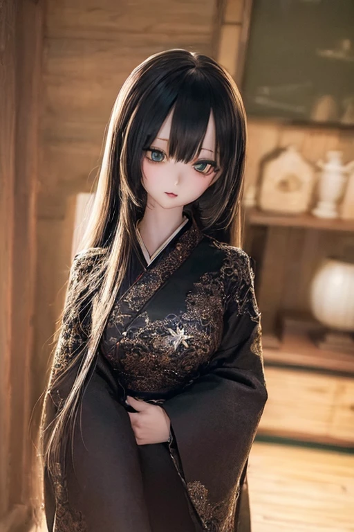 (SFW:2), photorealistic, realistic photo, ((highest quality)), ((masterpiece)), ((extremely detailed)), kukolnydom, doll, (mature woman:2), solo, ((cowboy shot, seiza, skinny, slender, slim, black kimono, obi, obidome, hair ornament)), green eyes, parted lips, (black hair, long hair, looking at another, blank eyes, empty eyes, detailed eyes, detailed clothes:1.3), Japanese room, 8k