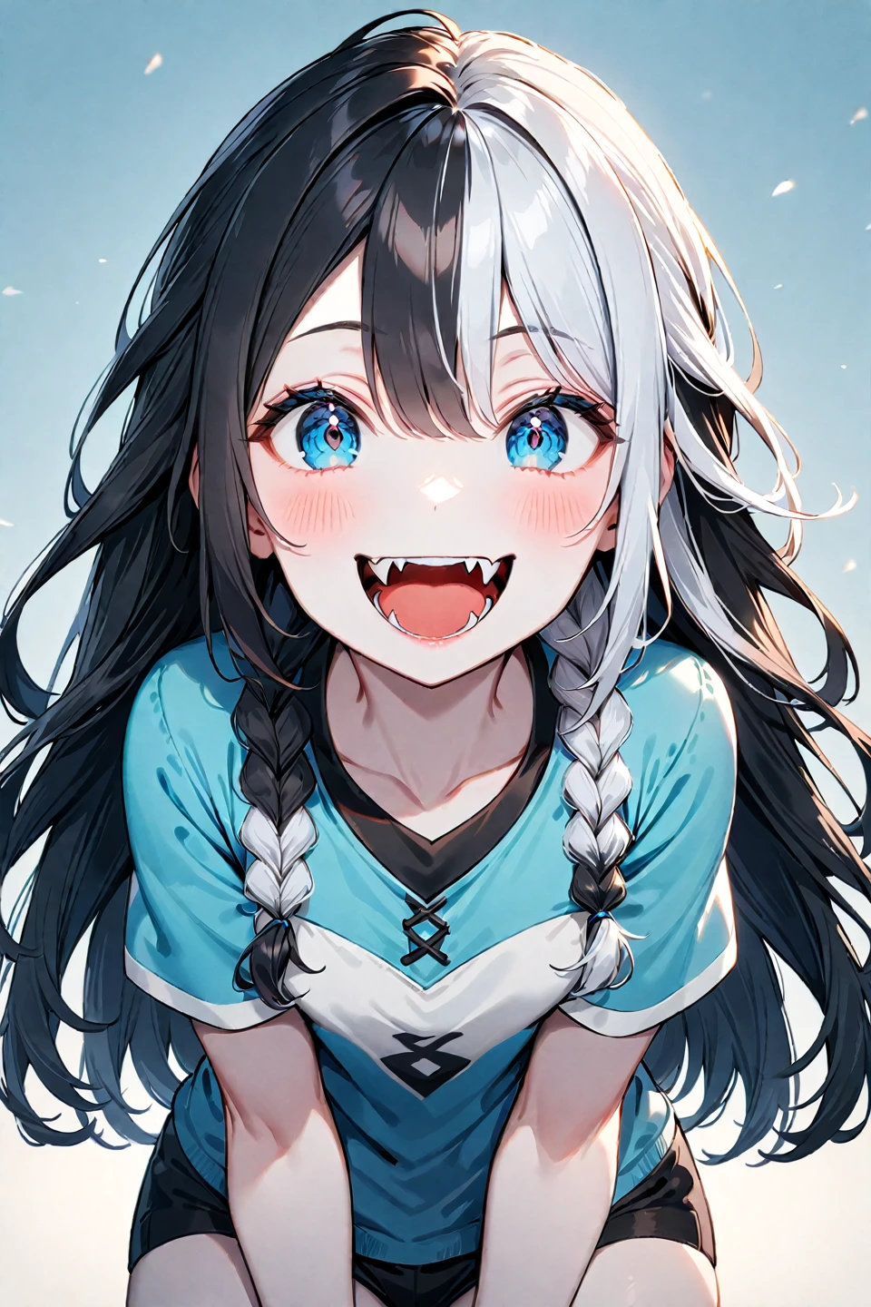 1girl, black hair, blue eyes, solo, open mouth, smile, multicolored hair, fangs, braid, :d, two tone hair, long hair, pale skin, white hair --style 1 --preset 3, ((medium quality)), ((medium quality))