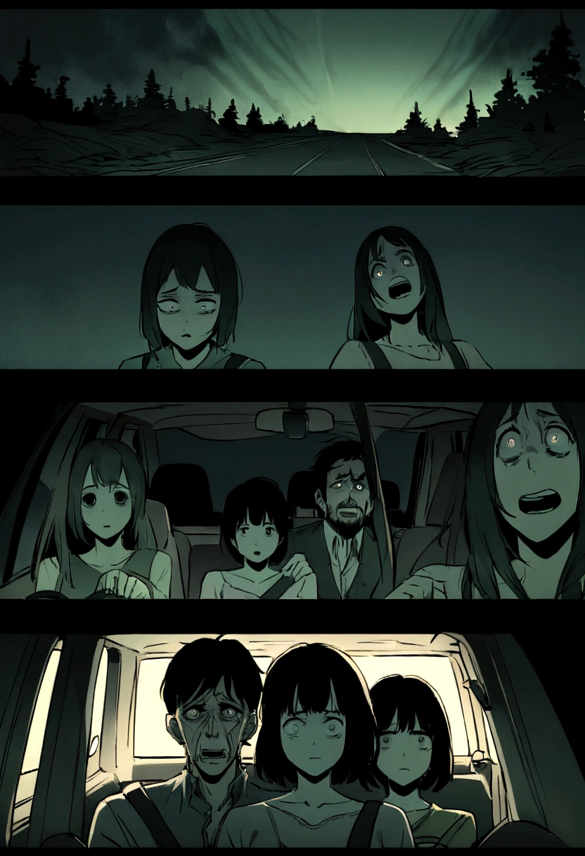 Create an image of a desperate couple inside a car, driving on a dark, deserted road at night. The scene is reminiscent of a horror movie. The couple's faces are illuminated by the car's dashboard lights, showing expressions of fear and desperation. The man is gripping the steering wheel tightly, eyes wide with terror, while the woman clutches his arm, looking over her shoulder at something unseen. The road ahead is barely visible, surrounded by dense, shadowy trees. The car's headlights cast a narrow beam of light, barely piercing the darkness. The overall atmosphere is tense and eerie, capturing the terror and urgency of their escape.