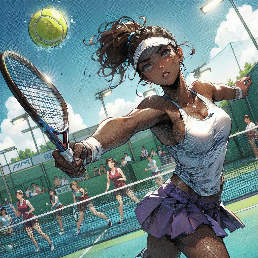  masterpiece, (textured skin), best quality, gorgeous beautiful girl, (a female tennis athlete), detailed clothes,large breasts,narrow waist,, (beautiful face), cinematic lighting, (at tennis venue ),