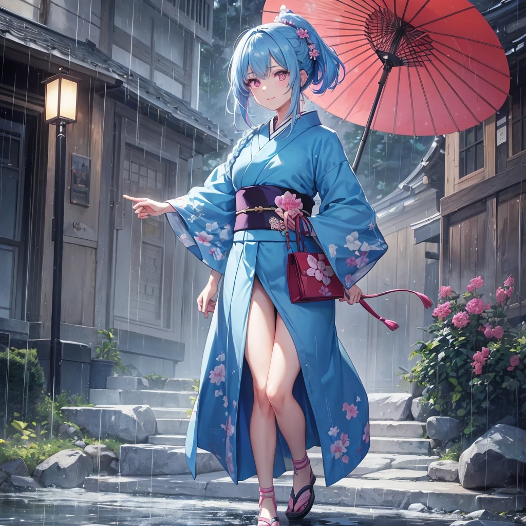 sky Blue hair, (braided ponytail),(pink eyes),fair skin ,(full body),(1 girl),smile,Straight Bangs,(masterpiece, best quality, ultra-detailed, best shadow), (detailed background), (beautiful detailed face), high contrast, (best illumination, an extremely delicate and beautiful), ((cinematic light)), colorful, hyper detail, dramatic light, intricate details,(rain shower),kyoto,big Japanese Umbrella,kimono,