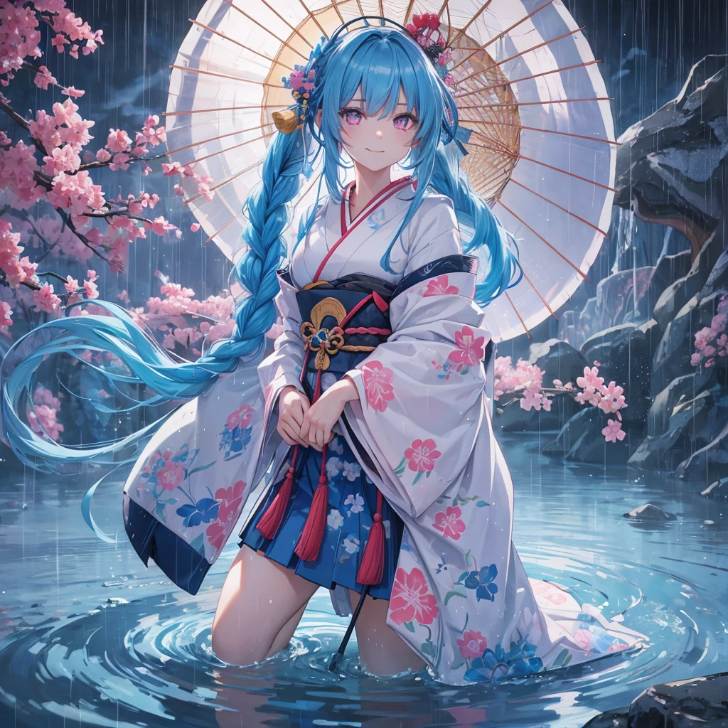 sky Blue hair, (braided ponytail),(pink eyes),fair skin ,(full body),(1 girl),smile,Straight Bangs,(masterpiece, best quality, ultra-detailed, best shadow), (detailed background), (beautiful detailed face), high contrast, (best illumination, an extremely delicate and beautiful), ((cinematic light)), colorful, hyper detail, dramatic light, intricate details,(rain shower),kyoto,big Japanese Umbrella,kimono,