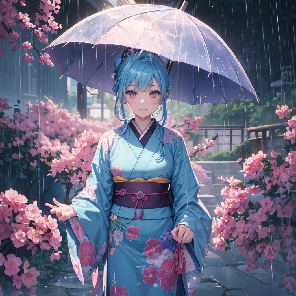 sky Blue hair, (braided ponytail),(pink eyes),fair skin ,(full body),(1 girl),smile,Straight Bangs,(masterpiece, best quality, ultra-detailed, best shadow), (detailed background), (beautiful detailed face), high contrast, (best illumination, an extremely delicate and beautiful), ((cinematic light)), colorful, hyper detail, dramatic light, intricate details,(rain shower),kyoto,big Japanese Umbrella,kimono,