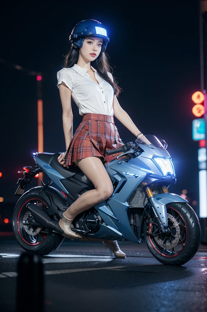 (((best quality))),(((ultra detailed))),(((masterpiece))),illustration,((1 beautiful girl,solo)),((slim,thin,small breasts,flat chest)),shoulder length straight hair,almond-shaped eyes, intense gaze, fair skin, subtle blush, full pink lips, confident smile,(white collared short sleeved shirt:1.3),Windsor knot on neck,((red plaid pleated skirt,slender legs,pantyhose)),deep blue hue, silver accents, form-fitting, low neckline, smooth skin,booties, urban scene, cyberpunk city, neon lights, tall buildings, LED signs, misty glow, dreamy ambiance, night sky, twinkling stars, electric atmosphere,(riding on a motorcycle:1.3), (safety helmet:1.3), vibrant atmosphere