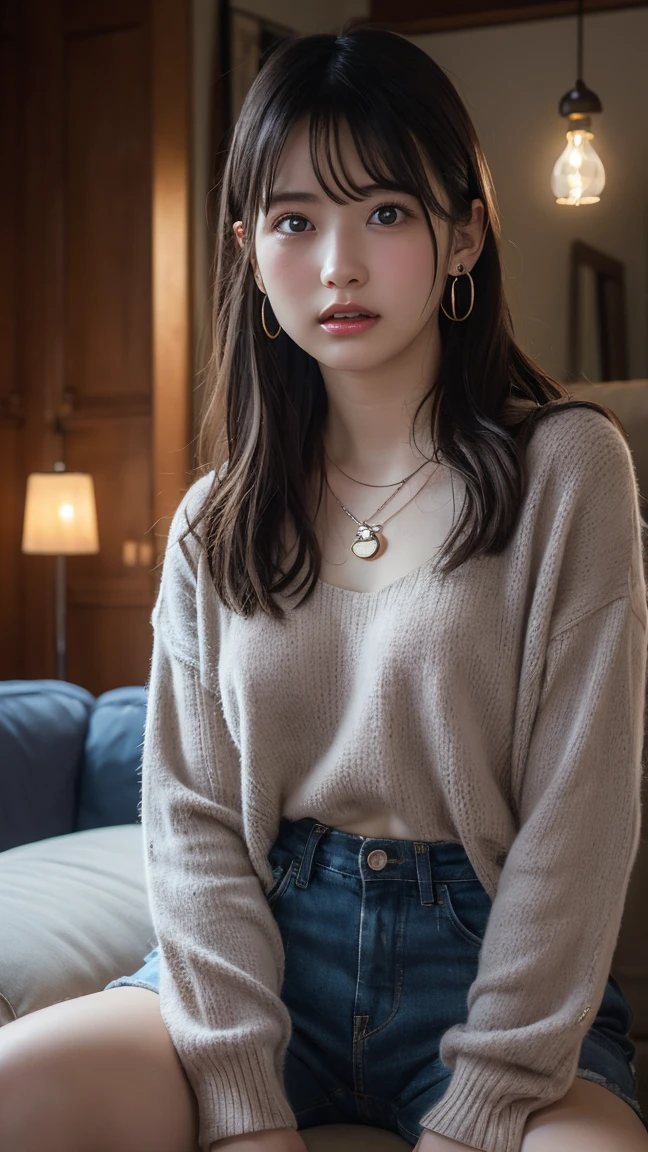(Highest quality:1.4),(masterpiece:1.4),(Realistic:1.4),(Realistic:1.2),(超High resolution, RAW Photos:1.4),(High resolution, Super detailed:1.2),(8K:1.2),View your audience,Cinematography,One Girl,skeletally correct,Black-haired woman,(Small earrings,necklace,Summer knitwear,View from the front),(Inside the Western-style building,Dimly lit room,The lamplight shines on my cheeks,Sit on the sofa)