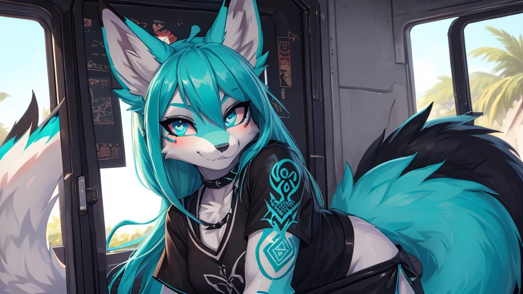 Miku Hatsune, add high definition_detail:1, blue fur,kitsune ears, tribal tattoo add_detail:1 cute high school clothes, pretty girl add_detail:3 18 year old girl, short black lycra, black metal t shirt, flirty look add_detail:3