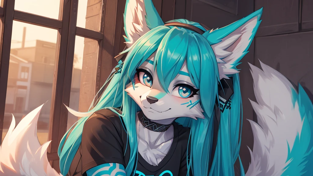 Miku Hatsune, add high definition_detail:1, blue fur,kitsune ears, tribal tattoo add_detail:1 cute high school clothes, pretty girl add_detail:3 18 year old girl, short black lycra, black metal t shirt, flirty look add_detail:3