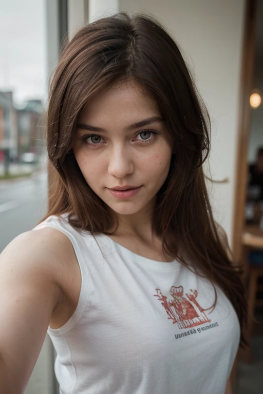 ((best quality)), ((masterpiece)), (detailed), 1girl, 8K, Best Quality, Masterpiece, Ultra High Resolution, (Realism: 1.4), Original Photo, (Realistic Skin Texture: 1.3), (Film Grain: 1.3), (Selfie Angle) 1 Girl, Beautiful Eyes and Face Details, Masterpiece, Best Quality, Close-up, Upper Body, Looking at the Viewer, russian women, red hair color, cute smile, wearing t-shirt