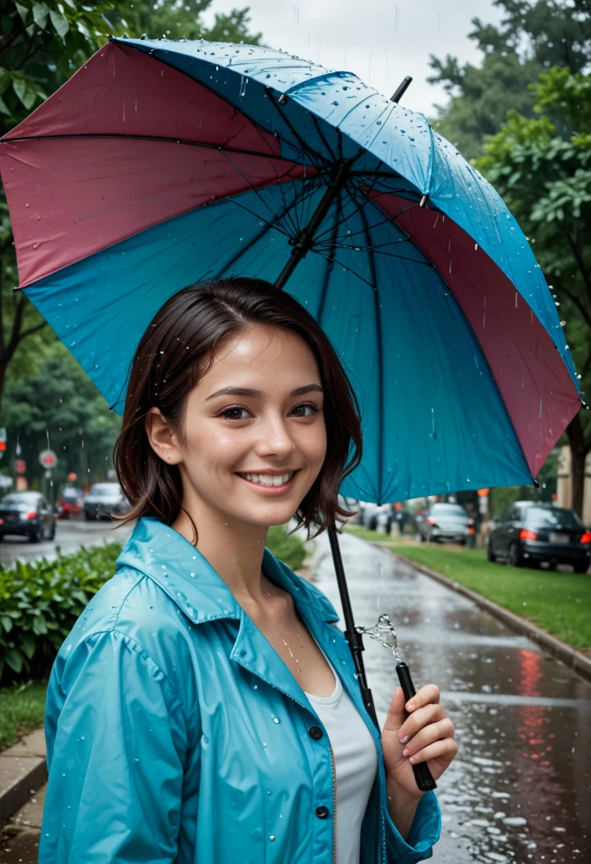 ultra real portrait photo, highly detailed, dynamic angle, beautiful detailed, 8k,lively expression,Portrait of a smiling woman holding a colorful umbrella in the pouring rain, she is dressed casually and seems to be enjoying the sound of raindrops hitting her umbrella. In the background you can see a park and trees along the street, which should express an atmosphere of cheerfulness even on a rainy day.