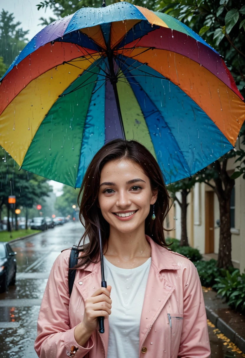 ultra real portrait photo, highly detailed, dynamic angle, beautiful detailed, 8k,lively expression,Portrait of a smiling woman holding a colorful umbrella in the pouring rain, she is dressed casually and seems to be enjoying the sound of raindrops hitting her umbrella. In the background you can see a park and trees along the street, which should express an atmosphere of cheerfulness even on a rainy day.