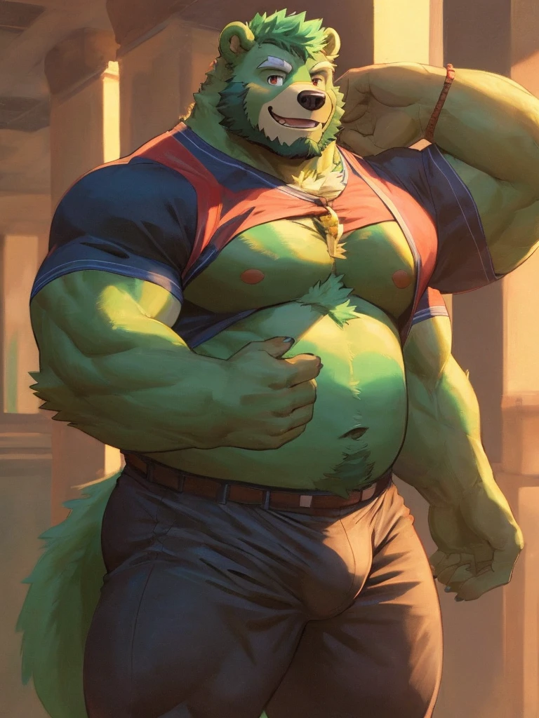 bara, furry, furry_male,male focus, solo, muscular male, (((green bear))), (((green fur))), green hair, red eyes, beard, white eyebrows, (CG 8K)bear Orcs,very strong,Wear a shirt and long pants,strong chest muscles,Strong thigh muscles,Handsome smile,face camera,Slightly bulging crotch,Stand on campus,Modern painting style