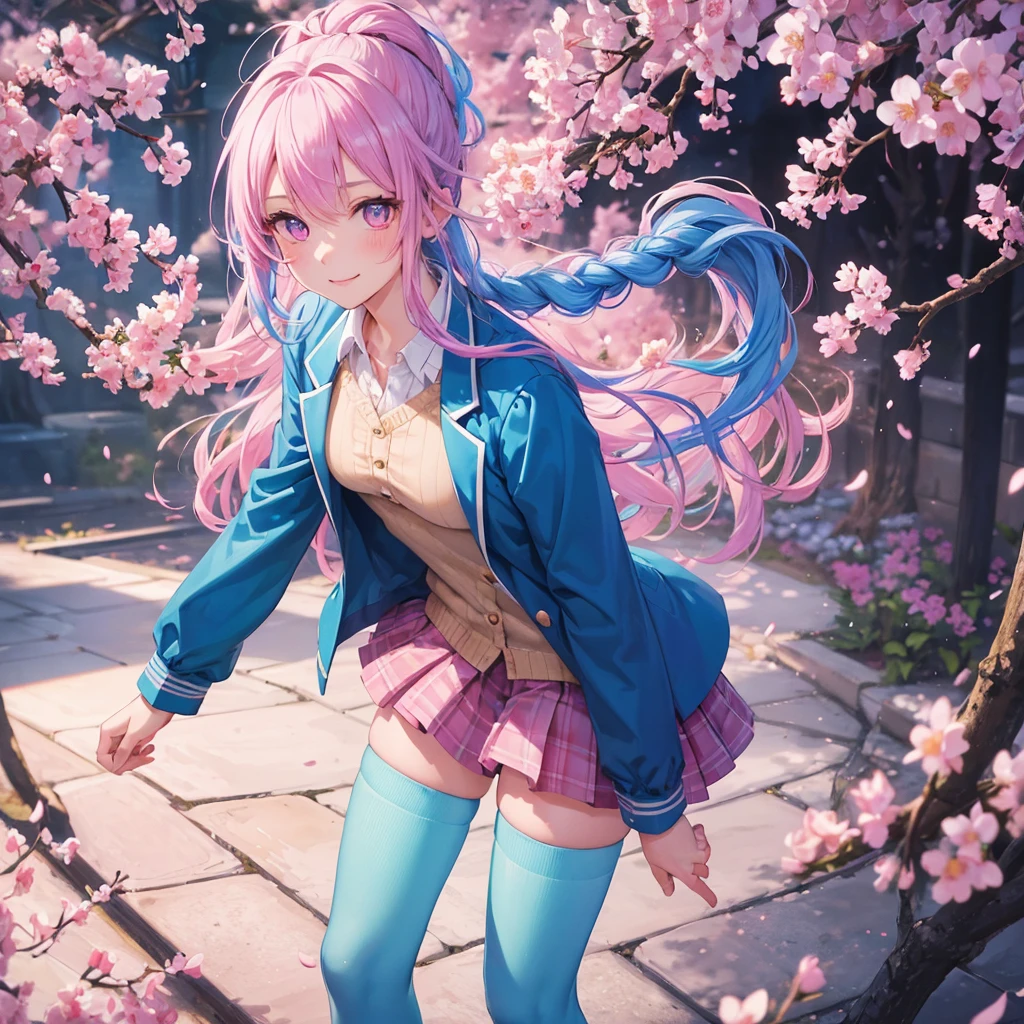 Sky blue hair, (Braided Ponytail),(Pink Eyes),Fair skin ,whole body,(1 Girl),Smile,spring, cherry blossoms, Knee-high socks for school, blazer, Straight bangs,(masterpiece, Highest quality, Super detailed, Best Shadow), (Detailed Background), (Beautifully detailed face), High Contrast, (Best lighting, Very delicate and beautiful), ((Cinematic Light)), colorful, Hyper Detail, Dramatic Light, Intricate details,sunshine,Leaning forward,