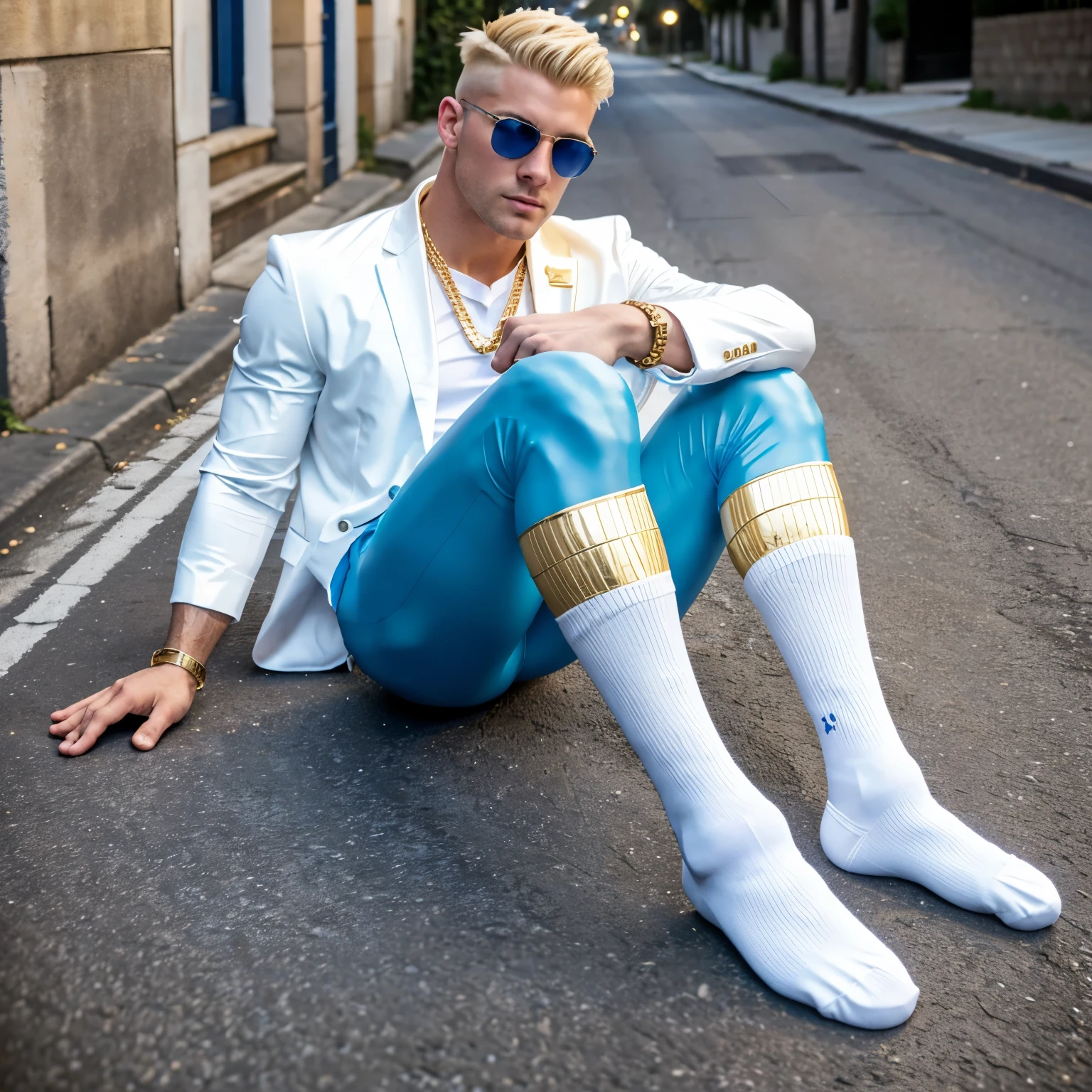 full view full body, sexy over-muscular and over-bodybuilded male Denimon with long blue and gold horns blond preppy undercut clean haircut, , in shiny blue rubber suit and white socks, shoes off, no shoes, lots of golden rings and necklaces and bracelets, lying in his white socks on the ground, looking groggy, in a desterted street at night, showing off his white socks, shoeless