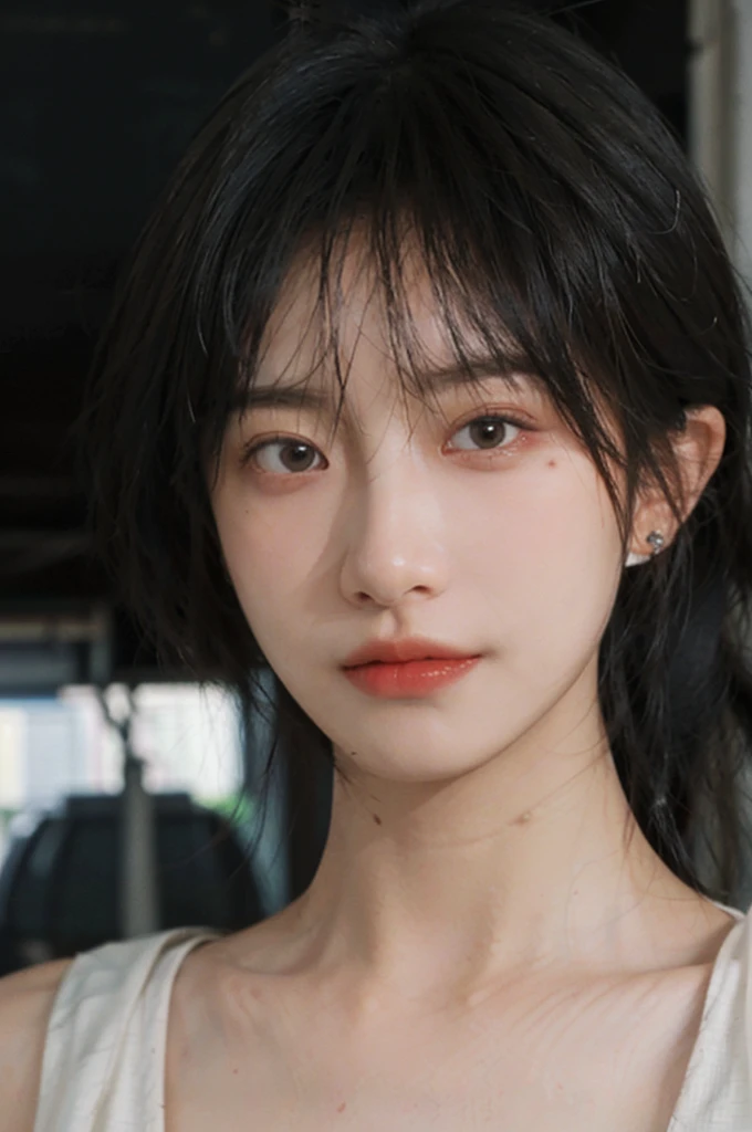 1 girl,model,Upper body,short hair,A faint smile,serene, calm,Moles under the eyes,Exquisite eyes, Delicate face,Lipstick,earrings,Hair details, dress,(Dress conservatively:1.3)(Large Breasts:1.2),outdoor,background,城市background,(Skin details:1.4),(Realistic and detailed eyes:1.2), Natural skin texture, Realistic details,Close-up of face,Portrait Photography,(Portrait Photography:1.1), (smooth skin textures:1.3), (Highest quality real skin textures:1.4), Direct vision,Soft dramatic lighting, Vivid details, 35 mm film, (Photo Practical:1.4), (hyper Practical:1.4), (Practical:1.3), (Smoother lighting:1.05), (Improve lighting quality:0.9), (Enhance the beauty of skin texture:1.1), Depth of Field, Bokeh, Surrealism, Ray Tracing, ( Surrealism, High Detail, Chiaroscuro, Ray Tracing, reflected light, Ultra HD, Ultra HD, masterpiece, Textured Skin, Super Detail, High Detail, high quality, best quality